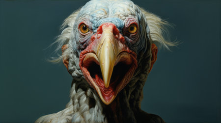 a painting of a crow, covered in feathers, showcases a realistic anatomy and grotesque caricature style. created using oil on canvas, this artwork also incorporates hyper-realistic sculptures. the crow's strong facial expression adds to the intensity of the piece, while the inclusion of a manticore and other animal depictions adds an intriguing element. ai generatedの素材