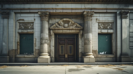 an abandoned bank captured in a 44mp photo, showcasing a cursed and beautiful environment. this uhd image, reminiscent of a national geographic documentary, portrays a superrealistic scene with distressed materials. the unsettling imagery, inspired by the style of brooke didonato, creates a hauntingly realistic atmosphere. ai generatedの素材