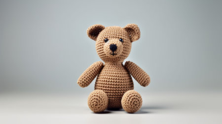 a crochet colored teddy bear, in the style of uhd image, sits on a grey background. the bear has a dark beige hue and a tangible texture. this associated press photo showcases precise detailing and an object-oriented composition. ai generatedの素材
