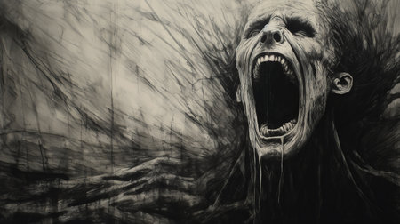 el desperado, a monochrome chalk art piece, showcases a surrealistic horror landscape in the style of zombiecore. this captivating artwork captures raw emotions and dramatic movement with its dark gray and white tones. ai generatedの素材