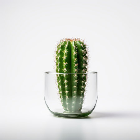a small green cactus plant sits in a glass cup, showcasing a futuristic minimalistic style. the softbox lighting enhances its explosive pigmentation, while the minimalistic japanese influence is evident in its bright colors and bold shapes. captured with a canon eos 5d mark iv, this non-functional design exudes a unique aesthetic. ai generatedの素材