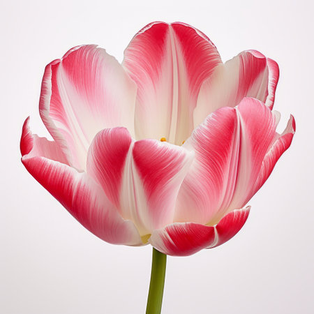 an attractively colored tulip with bold patterns and delicate shading, captured using a canon eos 5d mark iv. the tulip features a beautiful combination of light red and white petals against a white background, with hints of dark white and light pink. this stunning photo can be found on flickr. ai generatedの素材