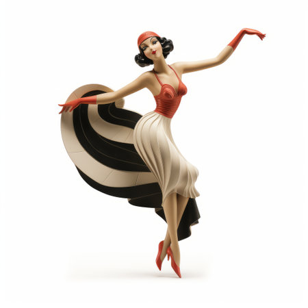 art dolls figurine by charles krupp, a dancing woman in the style of digital illustration. this art deco-inspired figurine features lively illustrations rendered in maya. the color palette includes dark white and light red, creating a striking contrast. the figurine is showcased on flickr, with a background of light beige and black. ai generatedの素材