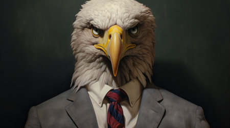 the eagle perches proudly on the man's arm, captured in a contemporary realist portrait. this pop culture mashup combines elements of corporate punk and realist detail, showcasing the intricate 8k resolution. inspired by the american barbizon school, this artwork adds a touch of humor to the scene with its portrayal of an animal in a unique setting. ai generatedの素材
