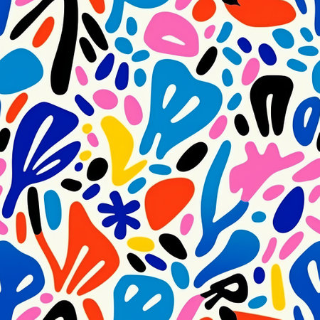 abstract pattern for designer: this abstract pattern, inspired by the style of henri matisse, features colorful biomorphic forms, bold and vibrant primary colors, playful doodles, and drips and splatters. created by mandy disher, this pattern is a vibrant and dynamic representation of folklore. ai generatedの素材