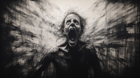 a scream captured in a black and white room, reminiscent of guy denning's style, featuring supernatural creatures. this image, inspired by the works of linnea strid and ary scheffer, evokes a strong emotional impact through its hyper-detailed illustrations and emotionally-charged brushstrokes. ai generatedの素材