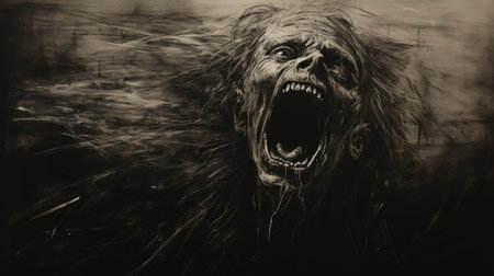 an illustration of a creature's mouth, showcasing dramatic movement and a dark, gritty style. the transfixing marine scenes and zombiecore elements add to the haunting landscapes. the detailed crosshatching technique brings out the intricate features of the mouth, while the inclusion of whirring contrivances adds an intriguing touch. ai generatedの素材