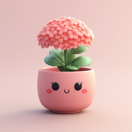 a cute pink flower pot featuring a giraffe face, rendered in cinema4d with an anime-inspired style. the design by temmie chang showcases high detail and incorporates the magewave, soft-focus technique. the vibrant fluorescent colors add a playful touch to this adorable creation. ai generatedの素材
