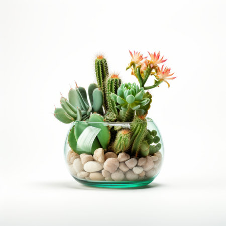 a glass planter showcasing a collection of vibrant green cactus plants, surrounded by rocks and leaves. this urban minimalistic arrangement embodies the precisionist style, with curvilinear shapes and colorized flowers. softbox lighting enhances the ethereal beauty of this composition, while also addressing ethical concerns. ai generatedの素材