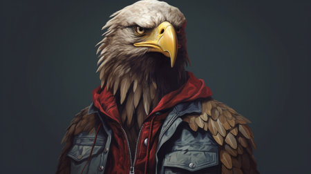 an illustration of an eagle painted by street style realism painters. the artwork showcases simplified and stylized portraits with realistic and hyper-detailed renderings. the color palette used includes navy and maroon, adding depth and richness to the illustration. the artwork also features anime-inspired characters, adding a unique touch to the overall composition. ai generatedの素材