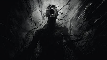 a hauntingly beautiful illustration of dark wallpapers and backgrounds, featuring aggressive digital illustrations that emphasize emotion over realism. the artwork is made of vines and charcoal drawings, with a captivating backlight effect. this image perfectly captures the essence of zombiecore aesthetics. ai generatedの素材