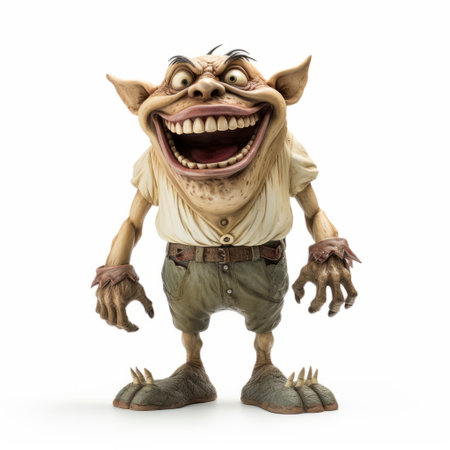 an animated troll, inspired by stefan gesell's style, is captured in this high-quality photo. the troll is seen wearing a red shirt and green jeans, showcasing intricate details in dark white and beige tones. with lively facial expressions, this toyen figure brings the world of goblin academia to life. ai generatedの素材