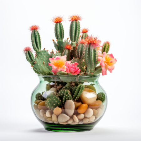 a cactus plant, with sharp and prickly spines, is showcased in a glass bowl on a white background. this unique arrangement combines elements of stonepunk and restored and repurposed aesthetics. inspired by the orderly arrangements of stanley pinker, the cactus is surrounded by elaborate fruit arrangements, creating a visually captivating display. ai generatedの素材