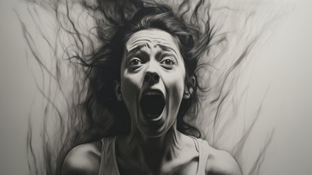 a black and white drawing captures the intense emotion of a girl screaming. the hyper-realistic oil style adds depth and detail to the emotionally charged scene. this photorealistic painting showcases dramatic movement and portrays the girl's raw emotions. the artist's attention to hyper-detail brings the supernatural creatures to life, creating a captivating and powerful self-portrait. ai generatedの素材