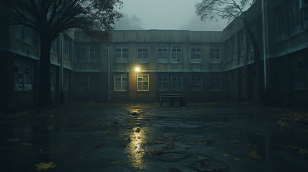 an abandoned school captured in a 44mp photo, showcasing a hauntingly beautiful environment. this uhd image portrays a realistic and superrealistic scene, reminiscent of a national geographic documentary. the distressed materials and unsettling imagery in the style of brooke didonato add to the eerie atmosphere of this captivating photograph. ai generatedの素材