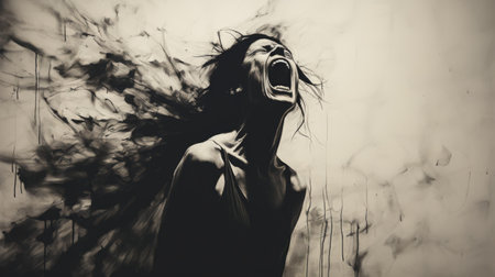 young woman shouting with smoke emitting from her hair, captured in a monochrome painting style. the artwork showcases elements of drip painting, with a striking contrast between light and dark. the darkly detailed, large-scale portrait is crafted using wire, creating inky shadows that add depth and intensity to the composition. ai generatedの素材