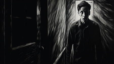 a man stands in a house doorway in this expressive black and white illustration. the style is reminiscent of the criterion collection, with influences from kevin hill's gouache paintings. the emotional portraiture by john moonan is digitally enhanced, creating a captivating and evocative image. ai generatedの素材