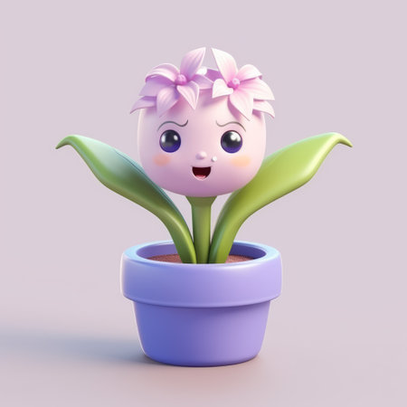 a girl dressed as a girl in a flower pot, rendered in cinema4d. adorable toy sculptures and charming character illustrations come to life in this lively image. the girl's facial expressions are full of life, complemented by the light magenta color and subtle shading. the toy-like proportions add to the overall charm of the scene. ai generatedの素材