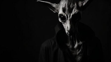 a headshot image of a horned ape against a black background, captured in a dark night setting. this surreal still life composition evokes retro sci-fi scenes and monochrome portraits. the minimalistic canine sculptures and close-up perspective add to the unique aesthetic of this matte photo, transporting viewers to alien worlds. ai generatedの素材