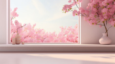 fresh pink flowers can be seen through the window in this realistic and hyper-detailed rendering. the cherry blossoms create a minimalist staging, while the light-filled atmosphere and solarizing master technique enhance the overall beauty. the booru style and color splash add a unique touch to this captivating view. ai generatedの素材