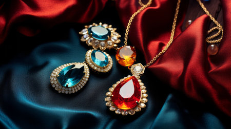 two stunning pieces of jewelry adorned with gemstones in contrasting colors. one features a dark orange and light blue design, while the other showcases a luxurious drapery in dark red and light aquamarine. both pieces exude elegance with their shiny, glossy finish. the dark yellow and light gold accents add a touch of opulence to the overall look. ai generatedの素材