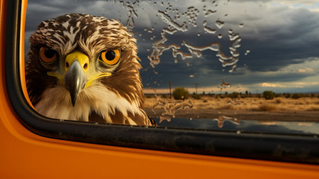 an osprey perches on the side mirror of a weathered 1972 ford amidst a stormy desert landscape. the scene is illuminated by dramatic lightning strikes, casting an eerie glow. rain falls, creating a moody atmosphere. in the mirror, a distorted face wearing a hood adds an element of mystery. the muted colors of the desert give the sand a grey appearance. it is early evening,の素材