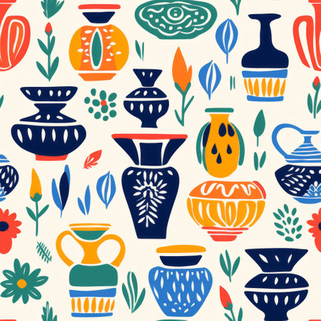 a captivating display of mid-century style illustration featuring a variety of colorful vases. the light beige and navy color scheme adds a touch of elegance to the vibrant illustrations. this arrangement evokes the beauty of ancient art and the enchantment of colorful gardens, with warm color palettes and naturalistic motifs. ai generatedの素材
