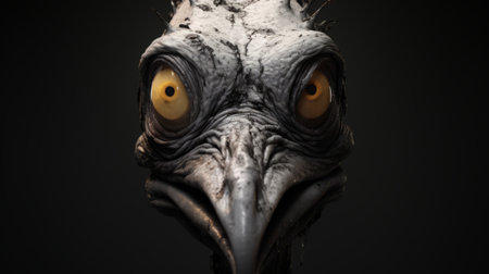 a bird with a bright yellow eye perches on a black background, showcasing a unique blend of unreal engine rendering, grotesque caricatures, and organic sculpting. the artwork mimics the appearance of ruined materials with realistic hyper-detail, creating a captivating dinopunk aesthetic through the lens of soviet influences. ai generatedの素材