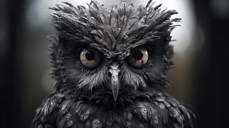 an owl with big eyes stares directly at the camera in this post-apocalyptic surrealism style photograph. the detailed character illustration showcases the owl's dark gray feathers and intricate costumes. captured in 8k resolution, this national geographic photo brings out the stunning details of the owl's mesmerizing gaze. ai generatedの素材