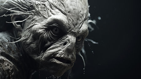 a digital rendering of a scary face on a black background, featuring hyper-realistic water and hard surface modeling. this chilling creature, inspired by the artistic style of raphael lacoste, showcases lush detailing and a unique frogcore aesthetic. the composition combines elements of hybrid creatures, resulting in a truly haunting image. ai generatedの素材