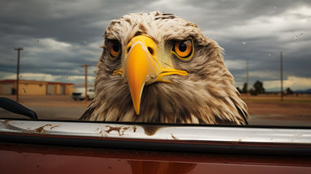 an eagle perches on the side mirror of a weathered 1972 ford, amidst a stormy desert landscape. the scene is illuminated by striking lightning, casting an eerie glow on the grey sand. in the mirror, a hooded face appears distorted, adding to the mysterious atmosphere of the photo. ai generatedの素材