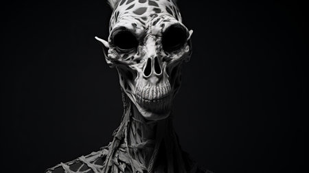 a black skeleton with a single eye, showcasing hyperrealistic fantasy art. this zbrush creation features intricate details, atmospheric portraits, and a figura serpentinata style. the sculpted forms and realistic hyper-detail bring this dark, white, and black artwork to life. ai generatedの素材