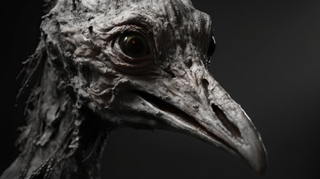 the creature in god of war is a hyper-realistic, metallic grey bird study rendered in cinema4d. inspired by the style of alberto giacometti and valentin de boulogne, it showcases a dark white and brown color palette. the slender form of the creature is captured beautifully through the use of a macro lens. ai generatedの素材