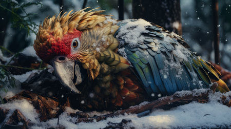 exotic bird perched gracefully on snow, captured in the vibrant style of vray tracing. this stunning artwork by oleksandr bogomazov showcases colorful storytelling and realistic animal portraits. the image evokes a sense of explosive wildlife, reminiscent of the mythical creature manticore. joachim beuckelaer's influence is evident in the composition, adding depth to this captivating scene. ai generatedの素材