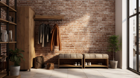 a room featuring a wardrobe, coat rack, and a wooden door, designed in the style of photorealistic urban scenes. this industrial and product design-inspired space showcases earth tones and masonry construction. created using octane render, the room serves as a study place with ample natural lighting. ai generatedの素材