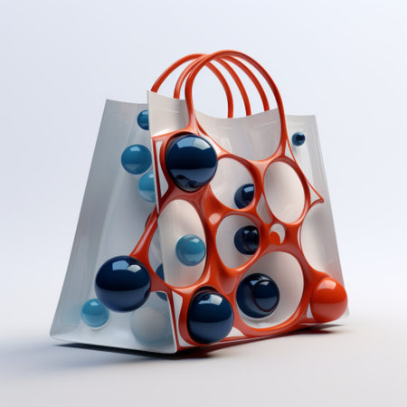 a beautiful sphere on a white background, featuring a shopping bag design. this unique photo showcases a combination of dark orange and azure colors, with elements of hard surface modeling and molecular structures. the composition is inspired by the bauhaus movement, incorporating layered surfaces and fluid design. the image also includes intriguing blurry details. ai generatedの素材