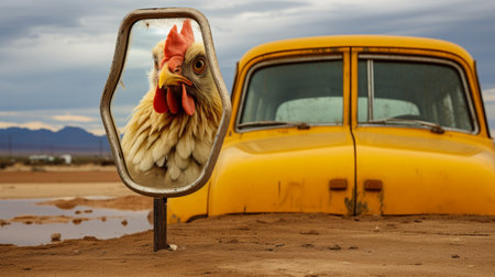 a chicken perches on the side mirror of a weathered 1972 ford, amidst a stormy desert landscape. the scene is set with muted colors, giving the sand a grey appearance. as rain falls, the sky is illuminated by bright yellow and orange lightning, creating an eerie atmosphere. in the mirror, a hooded face appears distorted, adding to the mysterious ambiance. ai generatedの素材