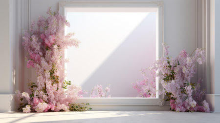 pink flowers bloom near a window in a white room, creating a serene and elegant atmosphere. this uhd image by yanjun cheng captures the essence of mirror rooms, showcasing realistic landscapes with soft, tonal colors. the asymmetrical framing adds a touch of rococo whimsy, while the light purple and light amber hues enhance the overall beauty of the scene. ai generatedの素材