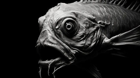 a large fish with prominent fins is captured in a black and white shot, reminiscent of the surrealistic horror genre. the photo showcases hyper-realistic portraits and photo-realistic techniques, drawing inspiration from the zombiecore aesthetic. the close-up perspective adds an intriguing touch to the image, resembling the artistic style of ebru sidar. ai generatedの素材