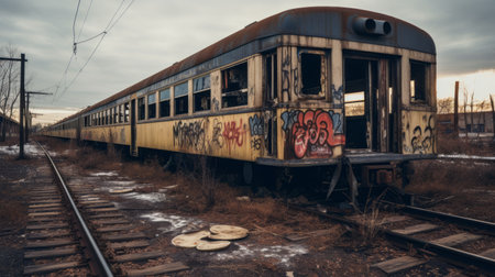 an abandoned train station captured in a 44mp photo, showcasing a hauntingly beautiful environment reminiscent of vampire lore. this uhd image, with its distressed materials and unsettling imagery, exudes a superrealistic quality. the photo, in the style of brooke didonato, evokes a sense of mystery and captures the essence of a national geographic documentary. ai generatedの素材