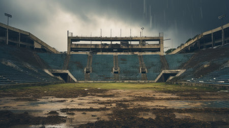 an abandoned stadium captured in a 44mp photo, showcasing its distressed materials and unsettling imagery. the outside view of this beautiful yet eerie environment resembles a scene from a national geographic documentary. with its superrealistic and uhd style, this photo by brooke didonato captures the haunting beauty of the abandoned stadium, evoking a sense of mystery and fascination. ai generatedの素材