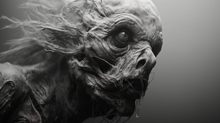 a close-up photo of a mummy's face, inspired by the style of michal karcz. the image showcases a hybrid creature composition with rough clusters, capturing the essence of primordial creatures. the ambient occlusion adds depth and texture to the artwork, reminiscent of the works of jean-baptiste monge. ai generatedの素材