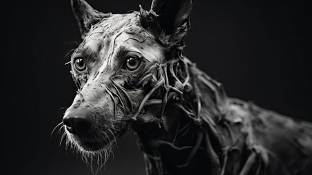 a black and white photo captures the intricate details of a dog's head and face, reminiscent of the style seen in jessica drossin's filthy sculptures. shot in 32k uhd resolution and enhanced with redshift, this evocative environmental portrait by jakub ralski showcases the meticulous craftsmanship of detailed miniatures. ai generatedの素材