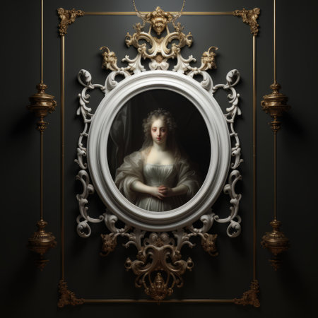 female portrait on circular frame, rendered in 3d, reminiscent of baroque-inspired still lifes. the dark and moody vignettes create an atmosphere similar to the works of abraham pether. the use of light, white, and gold adds an elegant touch. the composition evokes the concept of wimmelbilder and mirror rooms, reminiscent of the style of serge marshennikov. ai generatedの素材