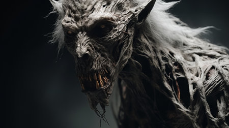 a creepy background image in the style of zbrush featuring realistic animal portraits. this close-up shot, taken with a tokina at-x 11-16mm f2.8 pro dx ii lens, showcases a medieval-inspired, dark white aesthetic. perfect for fans of changelingcore and those seeking an eerie atmosphere. ai generatedの素材