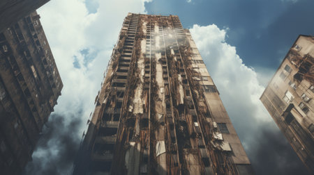 an abandoned skyscraper captured in a 44mp photo, showcasing the beauty of desolate places. this uhd image portrays a realistic and superrealistic environment, reminiscent of a national geographic documentary. the distressed materials and unsettling imagery style, inspired by brooke didonato, add to the captivating atmosphere of this photo. ai generatedの素材