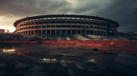 an abandoned stadium captured in a 44mp photo, showcasing a hauntingly beautiful environment reminiscent of vampire lore. this uhd image, with its distressed materials and unsettling imagery, exudes a superrealistic quality. the photo evokes a sense of mystery and captures the essence of a national geographic documentary. influenced by the style of brooke didonato, it offers a captivating and immersive experience. ai generatedの素材