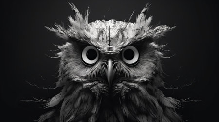 a black and white owl perched on a dark background, showcasing intricate and bizarre illustrations. this photo exhibits photo-realistic techniques with vray tracing, creating a stunningly realistic portrayal. the owl's photorealistic eye adds to the overall captivating effect. the image also incorporates elements of crowcore and twisted characters, making it a unique and visually striking composition. ai generatedの素材