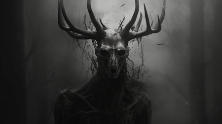 a dark and eerie concept art piece featuring a horned skeleton in a wooded setting. this voidcore-inspired artwork showcases a blend of dark realism and monochromatic portraits, with a color palette dominated by dark gray and black. with its intricate details and haunting presence, this 32k uhd image captures the essence of death and mystery. ai generatedの素材