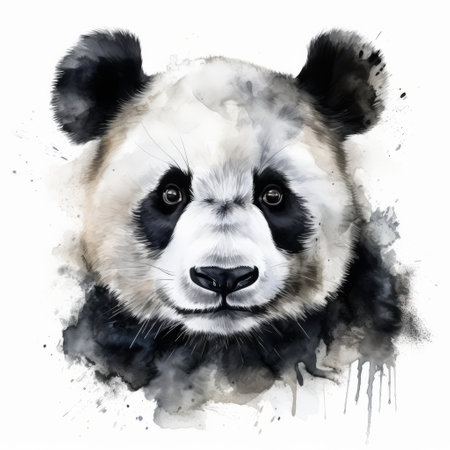 a watercolor panda face with spots on the side, showcasing realistic chiaroscuro technique. the artwork by martin rak features a white background, capturing the explosive wildlife essence. the light white and dark gray shades create a majestic portrayal of this iconic chinese symbol. ai generatedの素材